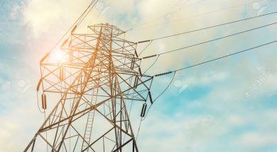 High voltage towers on skies background, Transmission line tower